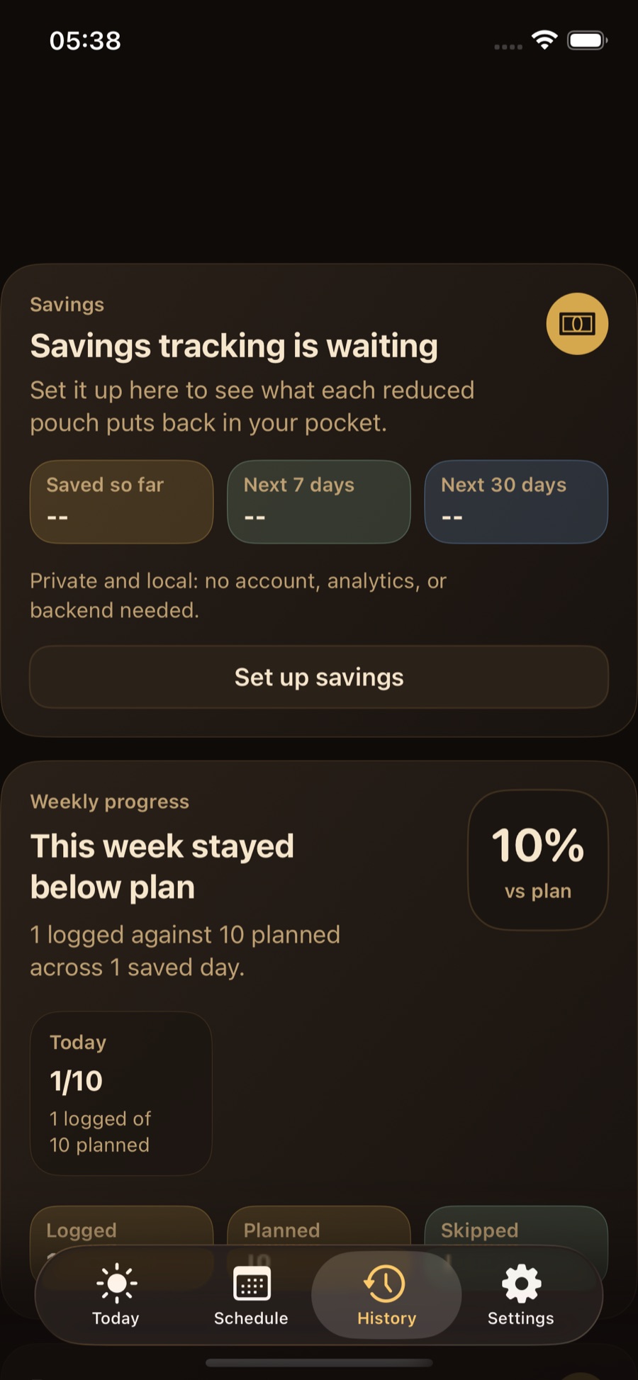 PouchControl History screen showing weekly progress and optional savings