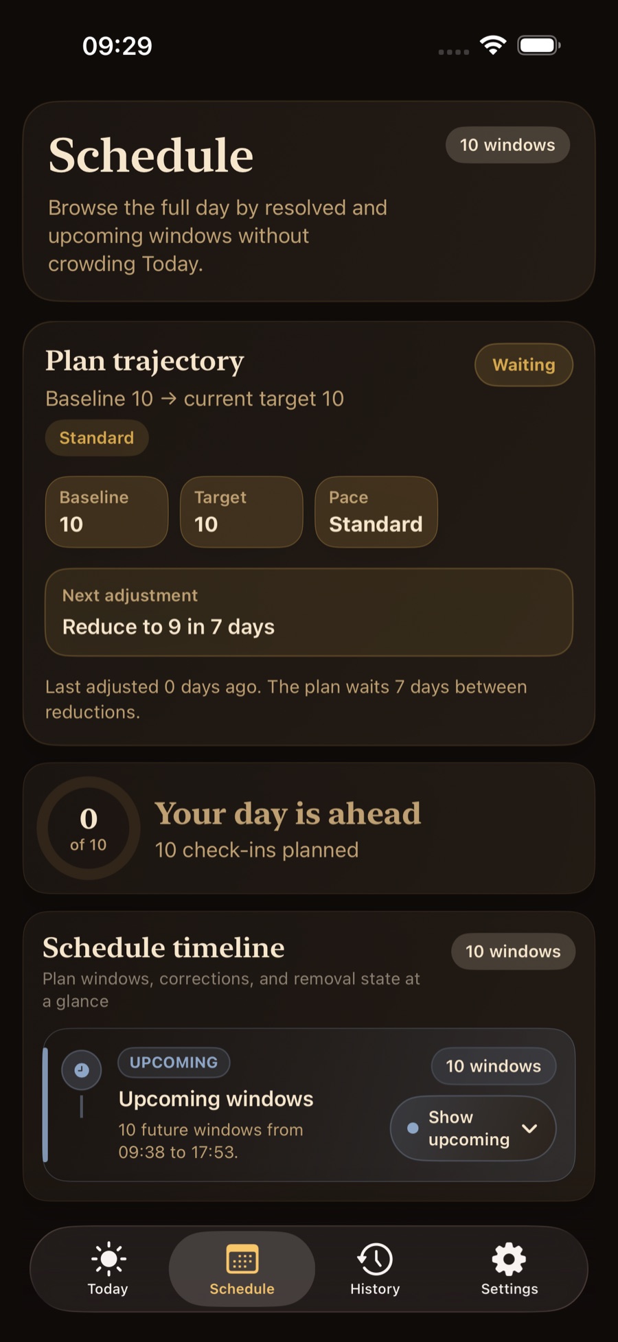 PouchControl Schedule screen showing plan trajectory and upcoming check-in windows