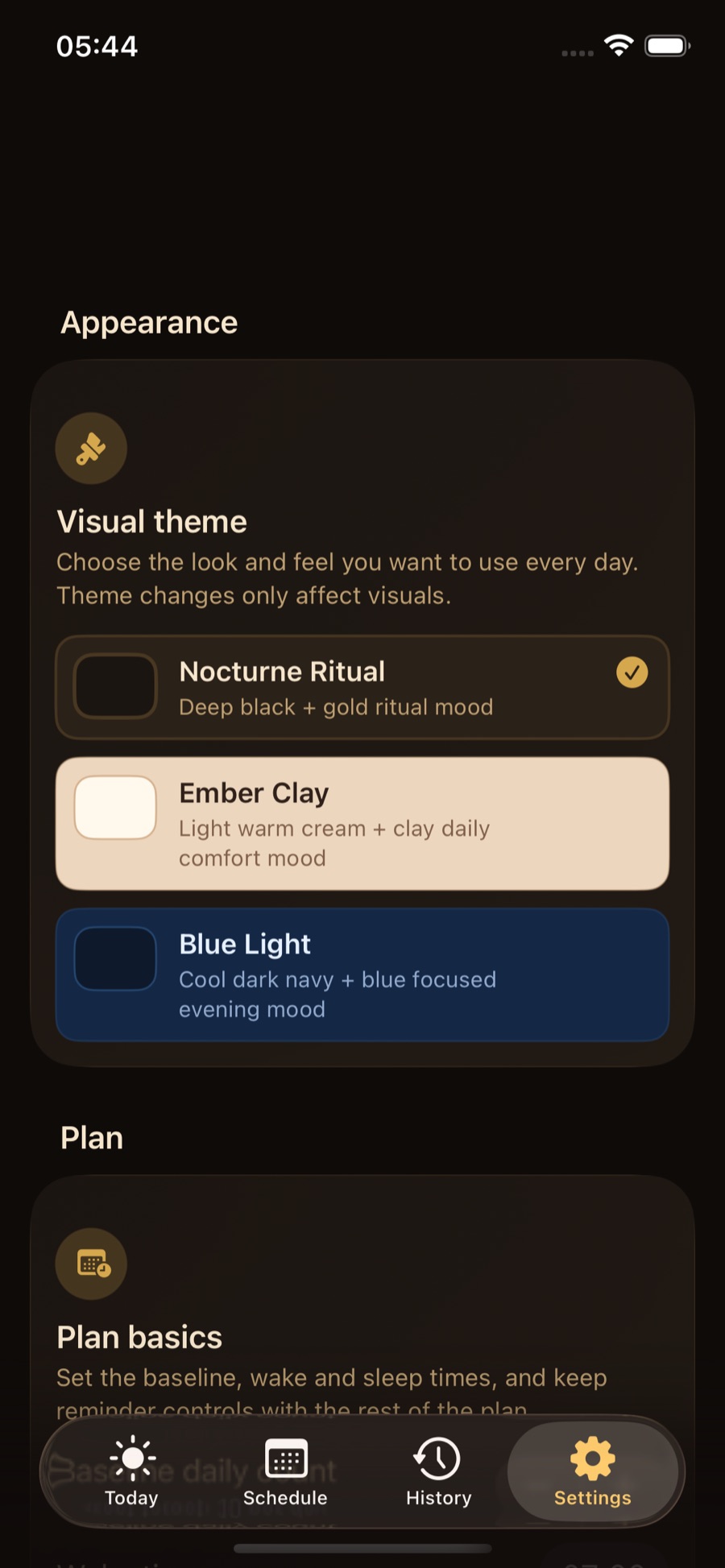 PouchControl Settings showing Nocturne Ritual, Ember Clay, and Blue Light themes