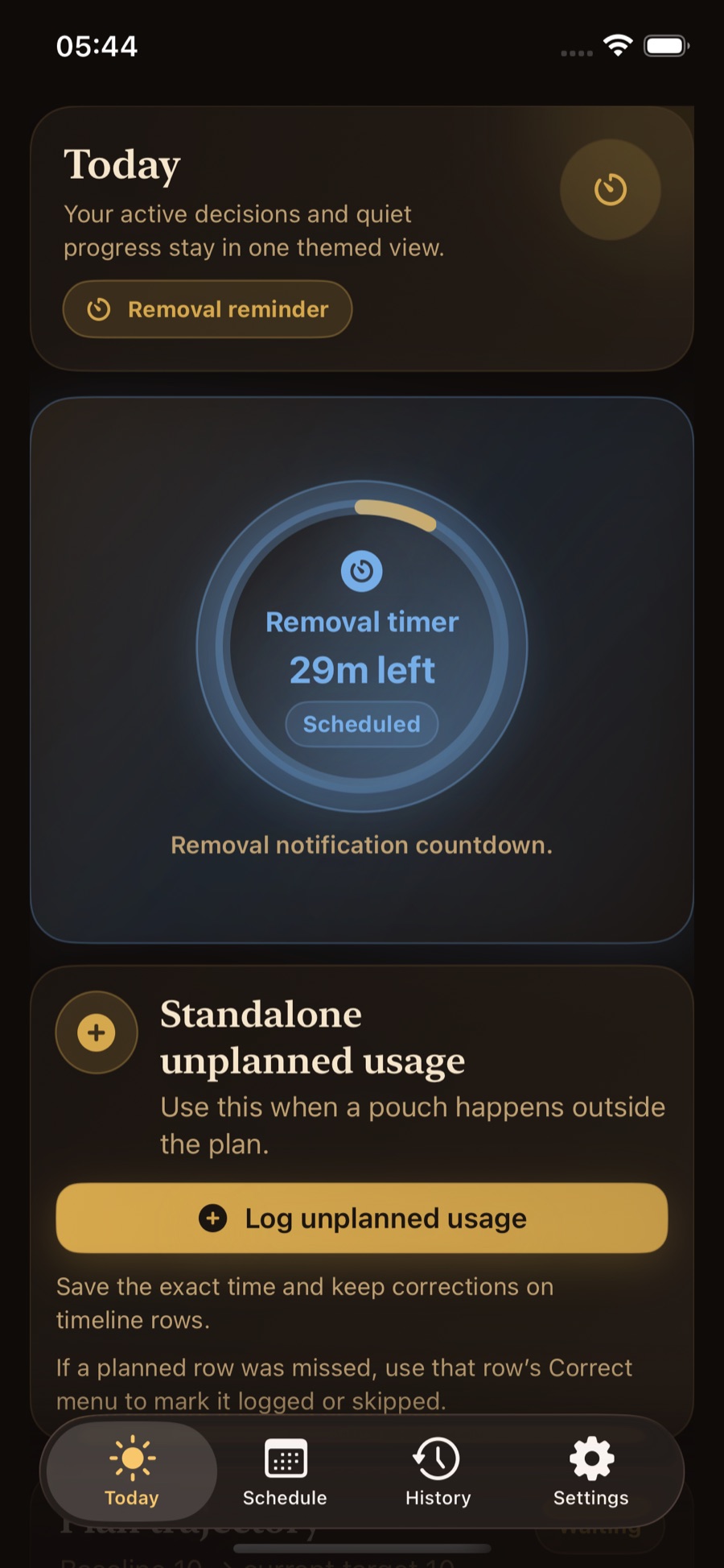 PouchControl Today screen showing an active removal timer and unplanned usage action